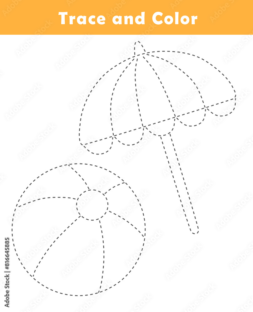 Summer trace and color for children. Handwriting practice. Coloring