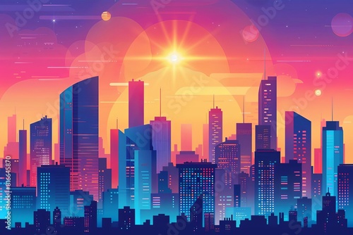 Urban skyline view flat design top view city exploration theme cartoon drawing Tetradic color scheme
