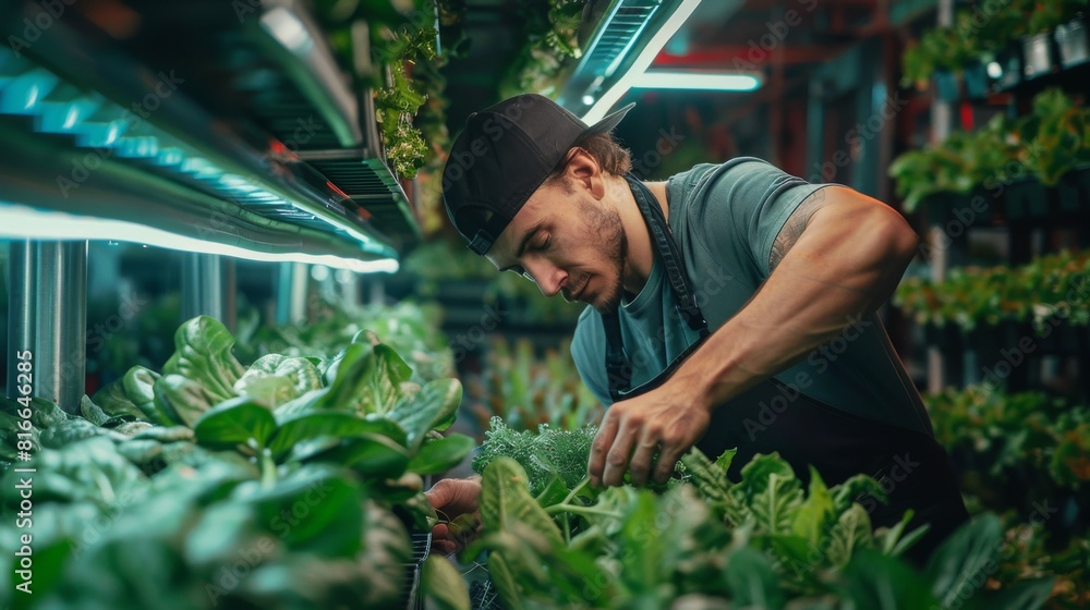 Workers maintaining organic vegetable plants in a vertical farming setup