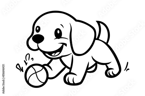 Happy dog playing with ball for children coloring page or book