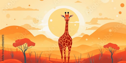 The giraffe stands tall in the African savanna. The sun sets behind it  casting a long shadow. The giraffe is surrounded by tall grass and trees.