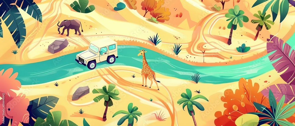 Obraz premium Exotic locales illustration flat design top view wildlife safari theme cartoon drawing Colored pastel