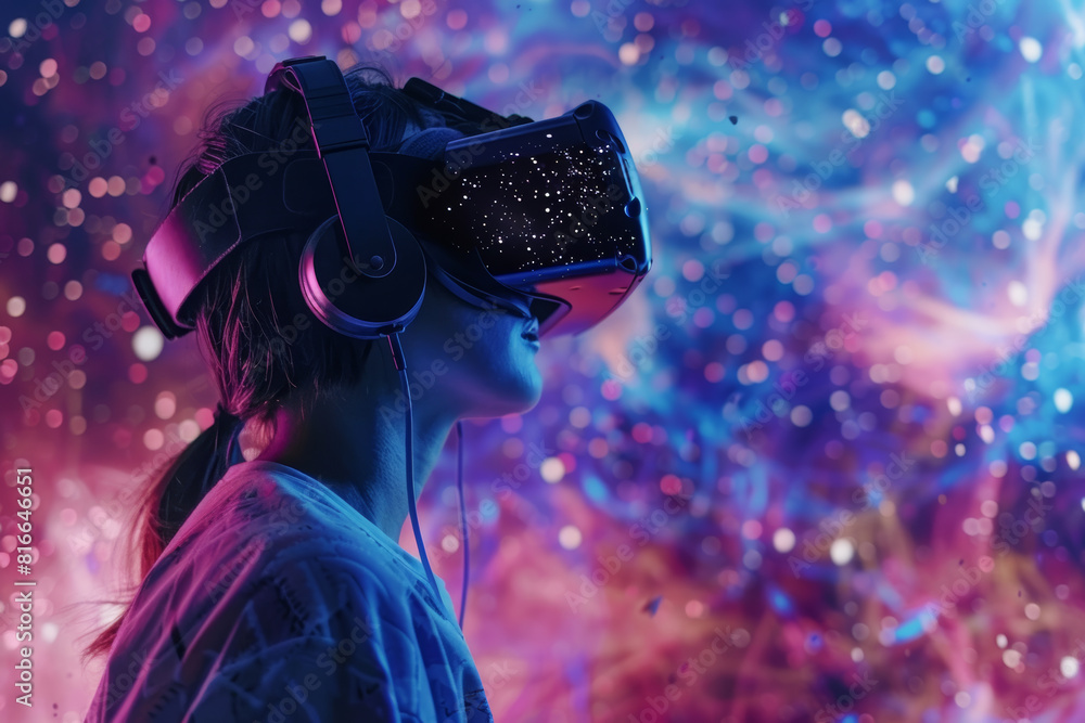 Virtual Reality Experience: Show a close-up of a person wearing a VR headset, with abstract digital landscapes or effects in the background...
Virtual Reality Experience: Show a close-up of a person wearing a VR headset, with abstract digital landscapes or effects in the background...