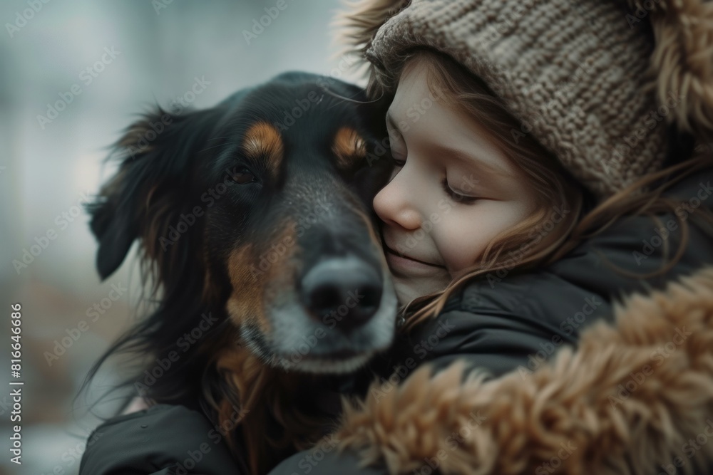 Young child cuddles with a loving dog, showcasing a special bond Young child cuddles with a loving dog, showcasing a special bond