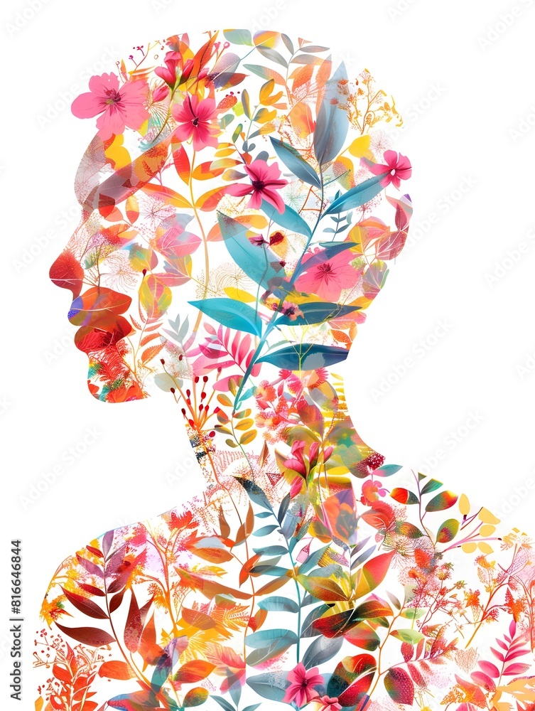 young man made with multicolored flower patterns over white background and colorful leaves over gray white background 