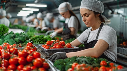 Workers packaging organic vegetables in a modern processing facility