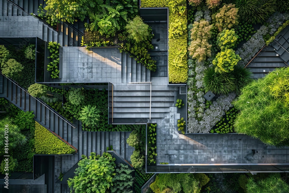 Showcase of innovative gardening techniques in an urban setting, top view, green uniqueness Showcase of innovative gardening techniques in an urban setting, top view, green uniqueness