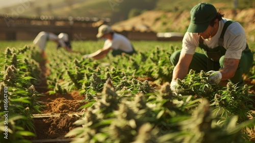 Workers preparing cannabis plants for drying in a barn