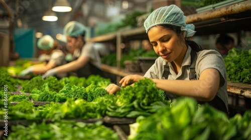 Workers preparing organic vegetables for export in a processing facility