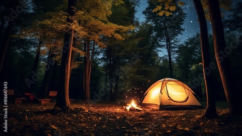 The illuminated tent is a beacon of hope in the dark forest.