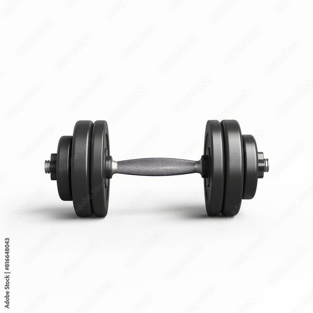 A single black dumbbell placed on a plain white background A single black dumbbell placed on a plain white background