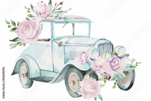 This postcard features a watercolor depiction of a classic blue automobile, its exterior embellished with a lively array of floral hues. It showcases a palette of soft pastel tones