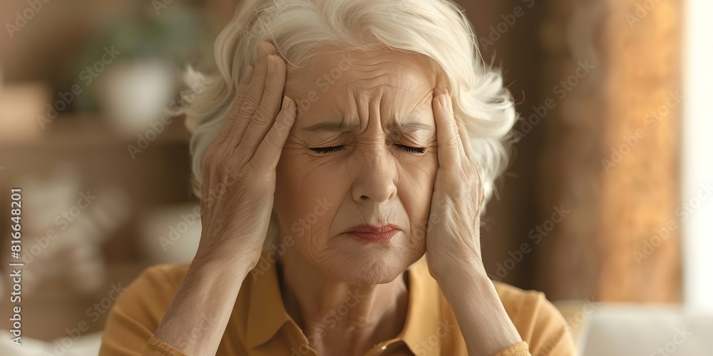 Older woman in pain holding head due to migraine. Concept Migraine, Older Woman, Pain, Health, Medical Older woman in pain holding head due to migraine. Concept Migraine, Older Woman, Pain, Health, Medical