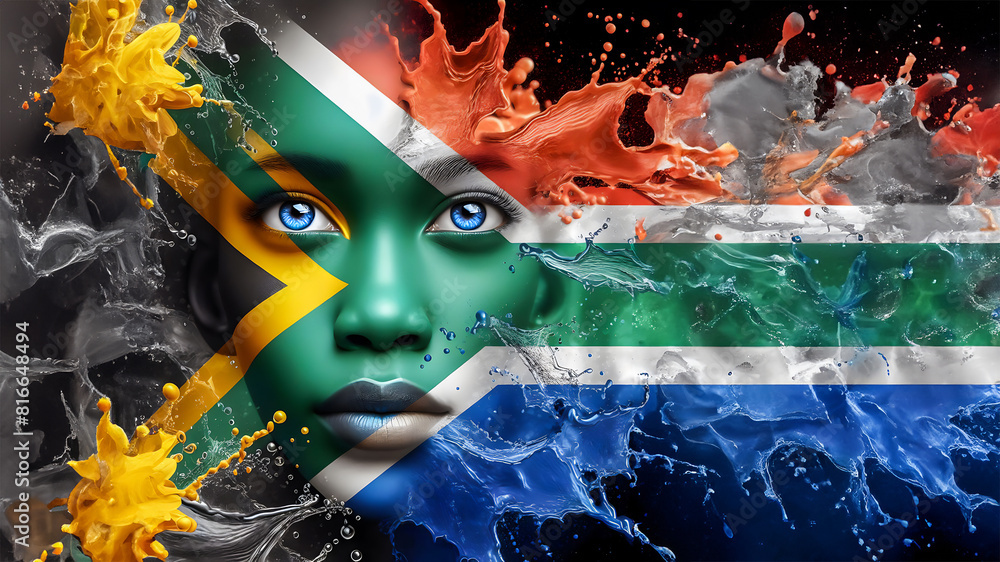 Double exposure of an African woman set against the South African flag