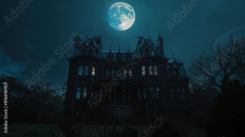 An eerie image of a Victorian mansion under a bright full moon, showcasing a spooky ambiance perfect for horror themes, with its architectural details highlighted © logonv