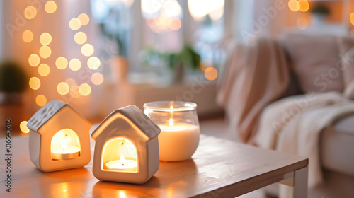 House shaped candle holders on table in living room photo