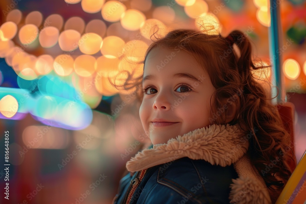 Portrait of a joyful little girl with glowing bokeh lights at a fairground at dusk Portrait of a joyful little girl with glowing bokeh lights at a fairground at dusk