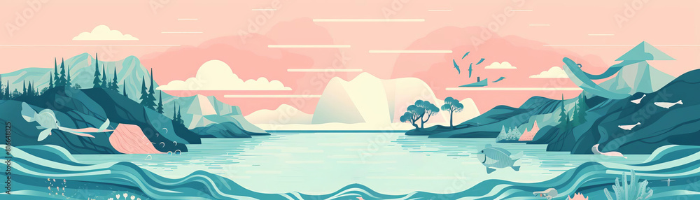 a beautiful landscape with mountains, palm trees and a lake. The colors are soft and muted, and the overall effect is one of peace and tranquility.