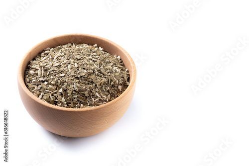 Traditional yerba mate in bowl isolated on white background. Copy space