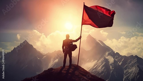 Silhouette of businessman with flag on mountain top over sky and sun light background, business, success, leadership, achievement and people	 photo