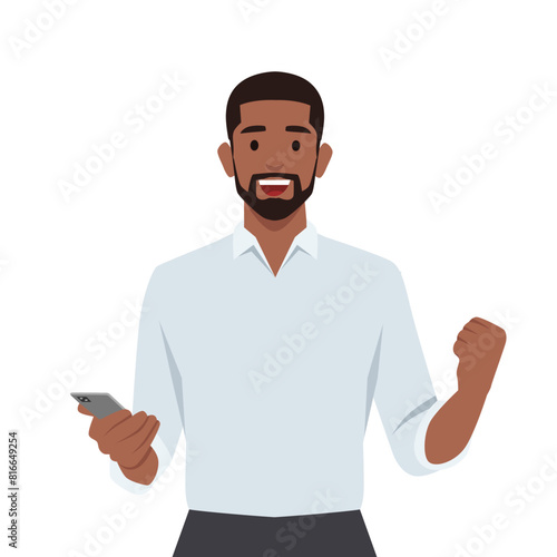 Young man holding smartphone excited surprised with happy expression. Flat vector illustration isolated on white background