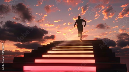 a man runs up a glowing staircase after sunset