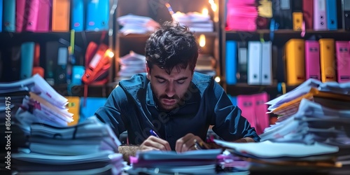 Businessman overwhelmed with paperwork in office depicting stress and overwork concepts. Concept Work Stress, Overwhelmed Employee, Office Chaos, paperwork troubles, Busy businessman