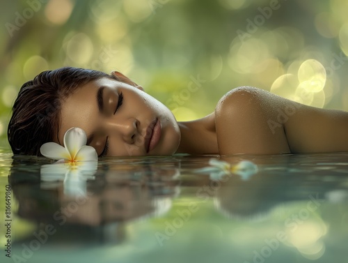 A peaceful woman with closed eyes rests in calm water  surrounded by soft bokeh lights and floating flowers  evoking tranquility and relaxation