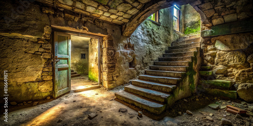 The desolate interior of the abandoned structure is pierced by ancient stone steps, leading downwards to an open basement door that promises a glimpse into the unknown