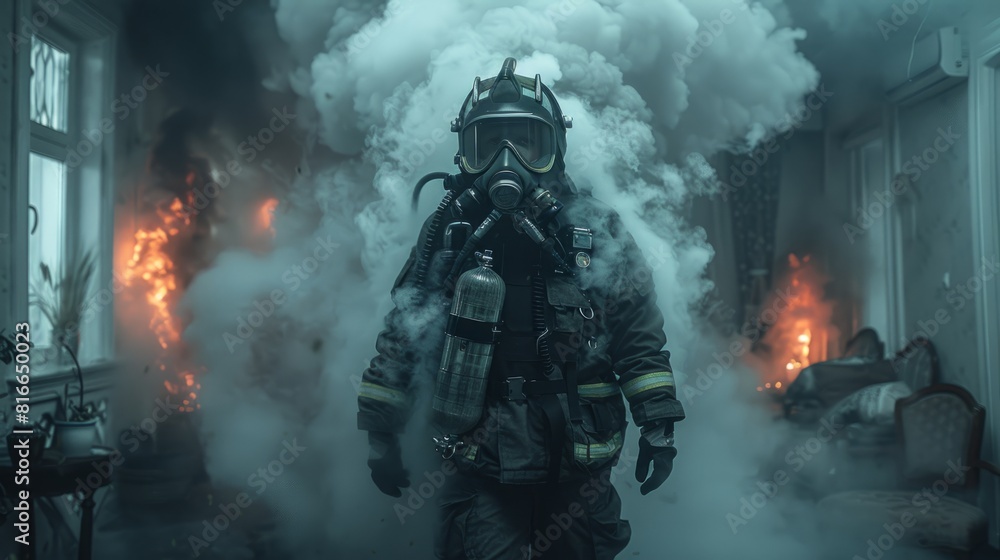 Obraz premium Confronting the perilous flames and dense smoke, an audacious firefighter forges ahead with his rescue mission inside a burning domicile.