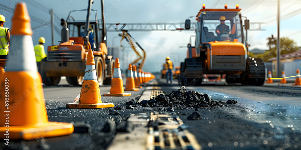 Road construction with workers and heavy machinery in a vibrant daylight scene, Construction site is laying new asphalt pavement road construction workers and road construction machinery scene Road construction with workers and heavy machinery in a vibrant daylight scene, Construction site is laying new asphalt pavement road construction workers and road construction machinery scene