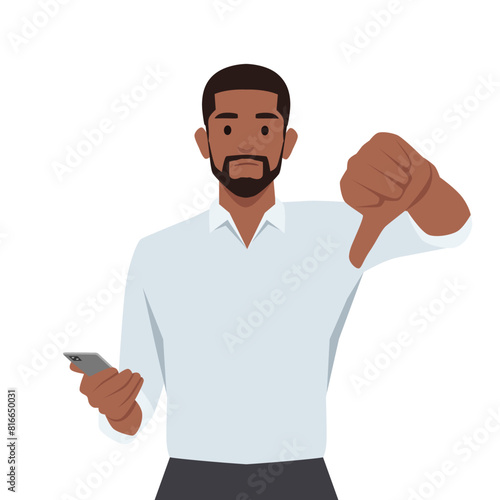 Unhappy businessman showing blank screen mobile phone and gesturing thumbs down sign. Flat vector illustration isolated on white background