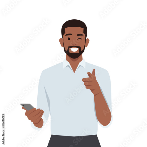 Young man wink and points to display with hand calling to attend event or participate in promotion. Flat vector illustration isolated on white background
