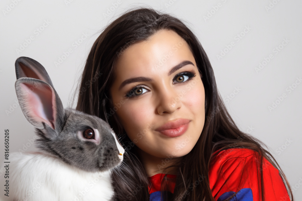 girl with a rabbit. cheerful girl with makeup on her face stands on a gray background and holds a small rabbit in her hands, close-up animal concept girl with a rabbit. cheerful girl with makeup on her face stands on a gray background and holds a small rabbit in her hands, close-up animal concept