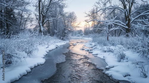 A winter scene featuring a river that has not frozen over