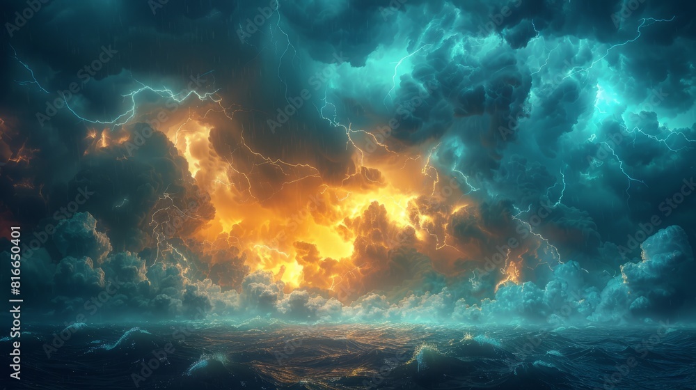 A painting depicting a stormy sky with lightning over a turbulent ocean A painting depicting a stormy sky with lightning over a turbulent ocean