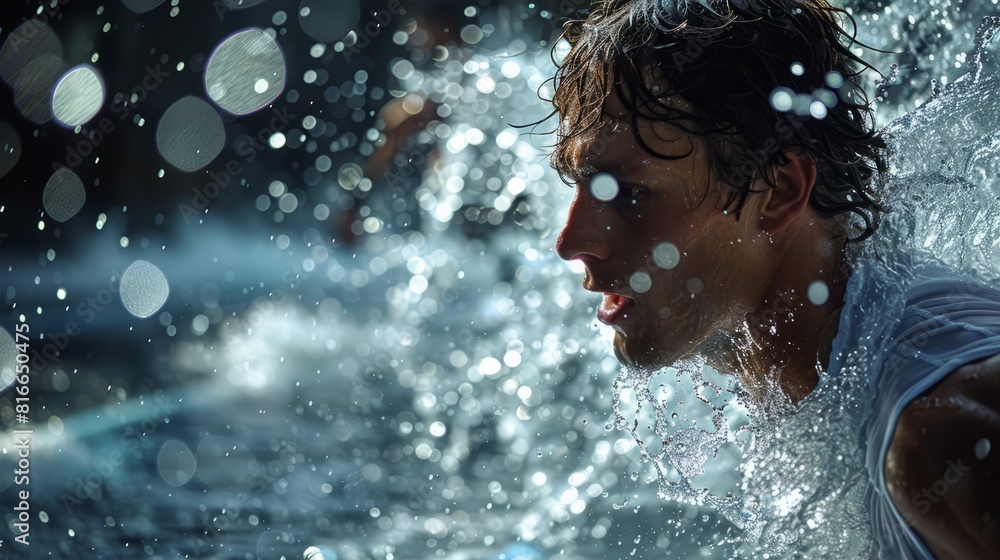 Obraz premium A torrent of water engulfs a dedicated sportsman as he trains, running with all his strength and determination for the upcoming athletic contest.