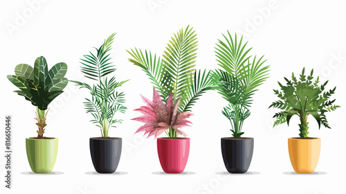 Pots with artificial houseplants isolated on white background