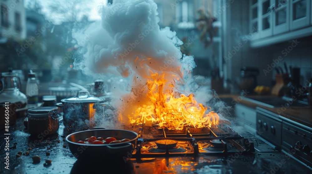A kitchen devoid of people faces a hazardous incident, as a stove fire gets out of control producing blinding smoke. A kitchen devoid of people faces a hazardous incident, as a stove fire gets out of control producing blinding smoke.