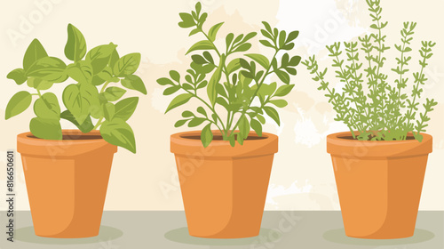 Pots with fresh aromatic herbs on table against light