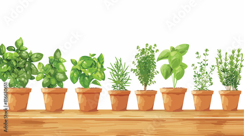 Pots with fresh aromatic herbs on wooden table agains photo