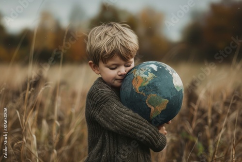 Tender photo of a child embracing a large globe with care, amidst a field of golden grass