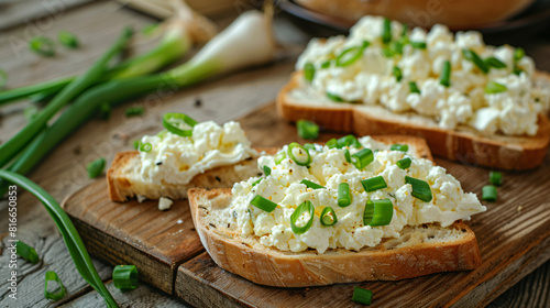 Sandwiches with tasty cottage cheese and green onion 