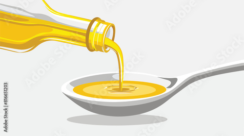 Pouring of olive oil from bottle into spoon on white