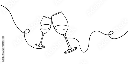 Continuous line champagne cheers one line art, continuous drawing contour. Hands toasting with wine glasses with drinks. Cheers toast festive decoration for holidays. Vector illustration	