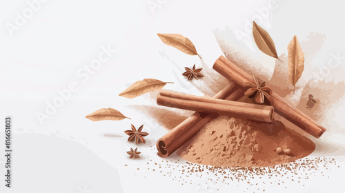 Powder with cinnamon sticks anise and leaf on white background