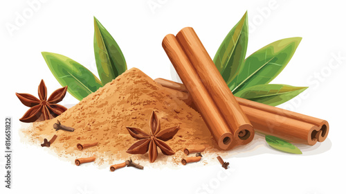 Powder with cinnamon sticks anise and leaf on white background photo