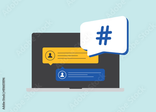 Hashtag analytics and tracking tools. Social listening concept with tracking hashtags and conversations related to brand using keywords in social media. Isolated vector illustration with icons