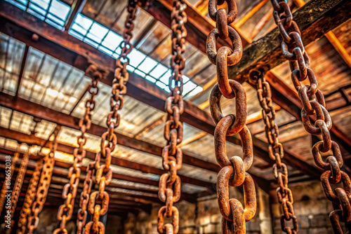 Rusted chains hanging from the ceiling, adding to the eerie ambiance