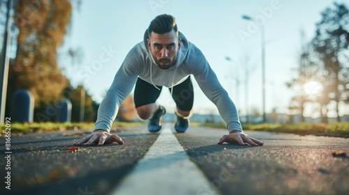 Focused Man Doing Quadrobics workout outdoors © irissca